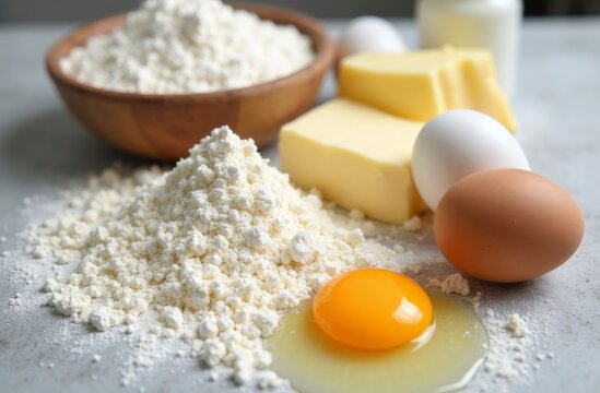Close-up of baking ingredients including a pile of flour, fresh eggs, butter, and a wooden bowl, arranged on a kitchen countertop for a homemade recipe - Powered by Adobe