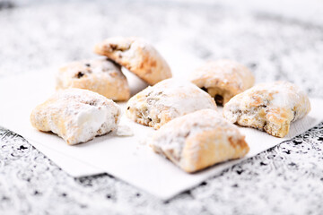 Stollen Bites on bright background. Soft focus. Close up.