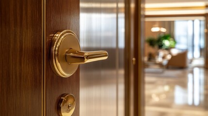 Obraz premium Modern gold door handle on wooden door.