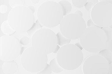 White abstract background with flying plastic cylinders, pattern in soft light, top view. 3D illustration with circles in contemporary, simplicity, geometric style for sale, advertising, design.
