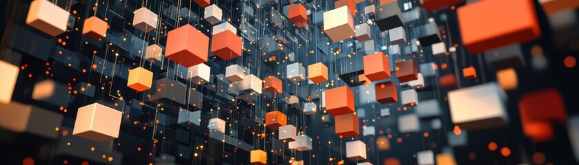 A dynamic arrangement of colorful cubes floating in a digital space, creating a vibrant, abstract visual effect, Futuristic passageway with AI elements