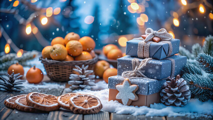 Stacked Christmas gift boxes alongside gingerbread cookies, oranges in a basket, and pinecones on a snowy wooden table

