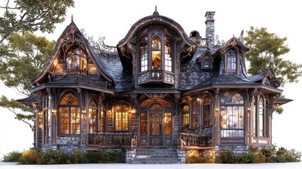 Fototapeta premium Ornate Victorian gothic cottage with warm glowing windows and intricate wood carvings isolated on a white background.