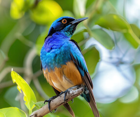 Fototapeta premium Vibrant Blue and Orange Starling on a Branch in Lush Greenery, Captured in a Detailed Close-Up Photograph Perfect for Nature Lovers.