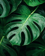 Monstera Leaves with Water Droplets
