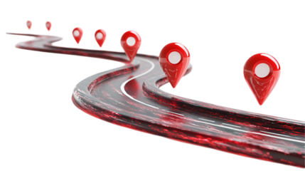 Red Location Markers on Winding Road GPS Navigation Route