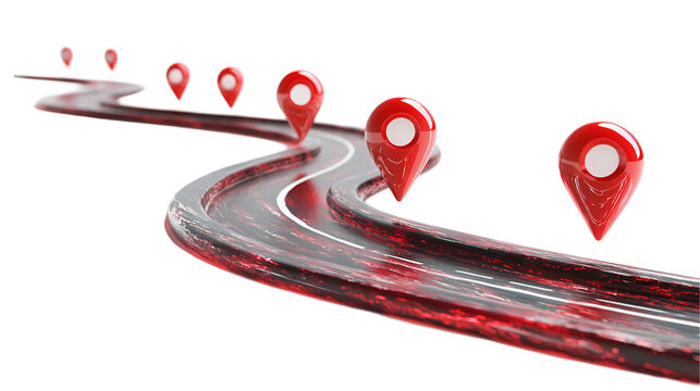 Red Location Markers on Winding Road GPS Navigation Route