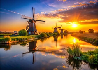 Dutch Windmills Sunset Photography: Iconic Netherlands Landscape Images