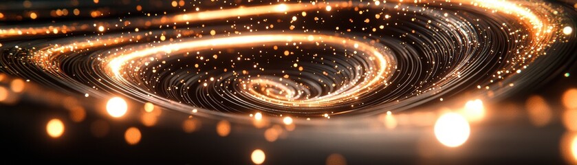 A mesmerizing swirl of golden light and sparkling particles, creating a cosmic, ethereal atmosphere reminiscent of a galaxy, A spiral galaxy-like tunnel with stars