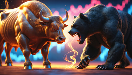 The Financial Showdown, A Bullish Charge Versus A Bearish Market Decline, With the Volatile Stock Charts Looming in the Background,