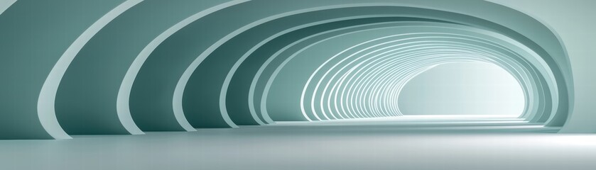 Fototapeta premium A minimalistic, futuristic interior featuring curved arches and a soft light, creating an immersive and serene atmosphere, Visually minimalist tunnel with white walls