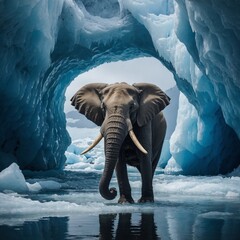 A majestic elephant walking on a glacier with a glowing blue cave behind it.