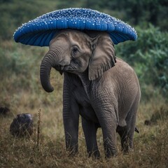 A baby elephant resting under a giant blue and white mushroom.