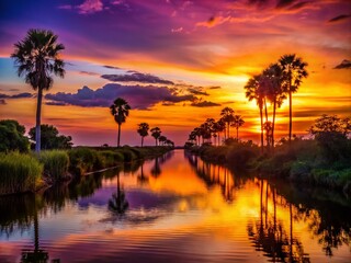 Florida Canal Silhouette Photography: Sunset Reflections, Everglades Waterways, Lush Vegetation