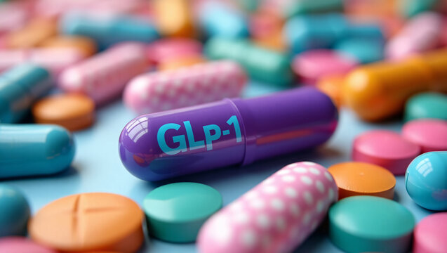 Colorful pills with 'glp-1' text symbolize diabetes care and weight control medication.