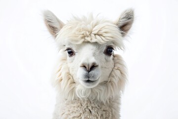 Obraz premium Fluffy Alpaca, Calm Wool, White Background, High Depth of Field, Soft Animal Portrait, Cute Alpaca Image