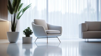 Minimalist modern lounge with clean, sophisticated decor. Featuring sleek lines and muted colors