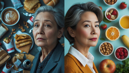 A Tale of Two Meals, An Elderly Woman's Choice Between Comfort Food and Wholesome Nutrition, Reflecting Shifting Perspectives and Health Decisions