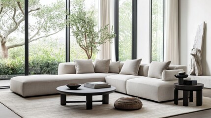 Minimalist modern lounge with clean, sophisticated decor. Featuring sleek lines and neutral colors