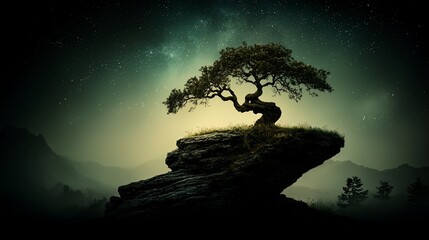Solitary bonsai tree on a cliff at night under a starry sky.