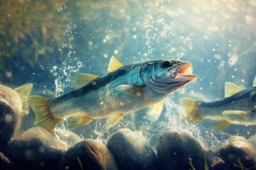 Naklejka premium Freshwater fish swimming near rocks in a vibrant aquatic environment