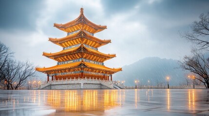 Obraz premium The majestic historic Chinese temple stands illuminated at night, with sparkling lights casting a soft glow that highlights intricate carvings and colorful decorations