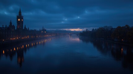 Fototapeta premium Twilight cityscape with river reflections, buildings, and a clock tower.