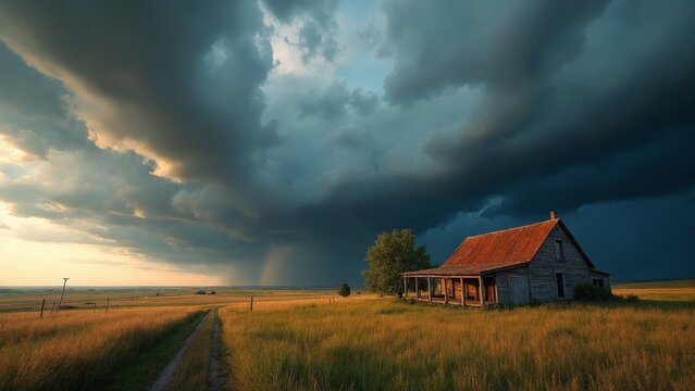 Rural farmhouse nestled amidst an expansive landscape, dominated by a dramatic sky filled storm clouds