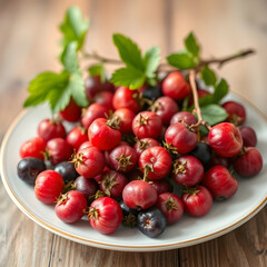 Fresh red gooseberry on a white background. Fresh Amla (Indian gooseberry) fruits on a leaves with an amla plant background.
