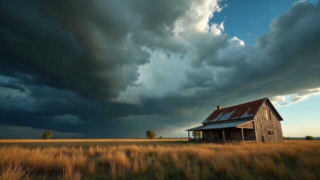 Rural farmhouse nestled amidst an expansive landscape, dominated by a dramatic sky filled storm clouds