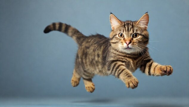 Funny cat flying. playful cat jumping mid-air looking at camera isolated 