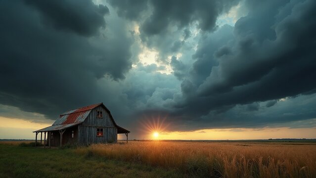 Rural farmhouse nestled amidst an expansive landscape, dominated by a dramatic sky filled storm clouds