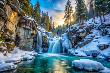 Frozen Waterfall Canyon Winter Landscape, Snowy Icy Rocks, Pine Trees, Cold Nature Photography