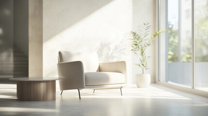 Minimalist modern lounge with clean, sophisticated design. Featuring sleek lines and muted hues