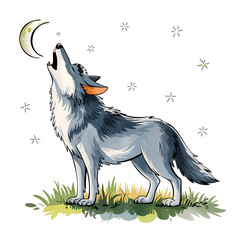 An illustration of a cartoon animation of a wolf howling at the moon. The wolf is painted in watercolor style and is isolated on a white background.  © Zeinab