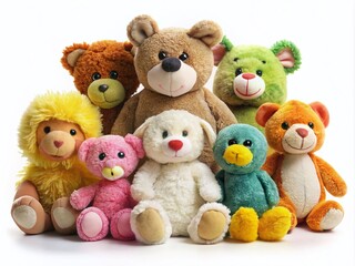 Funny Colorful Stuffed Animal Toys Row, Low Light Photography, White Background, Isolated