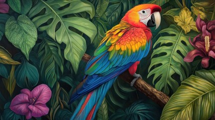 Fototapeta premium Vibrant Macaw Perched Amidst Lush Tropical Foliage