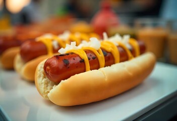 Close-up of a delicious hot dog with toppings, served at a food stall, perfect for food photography and culinary presentations.