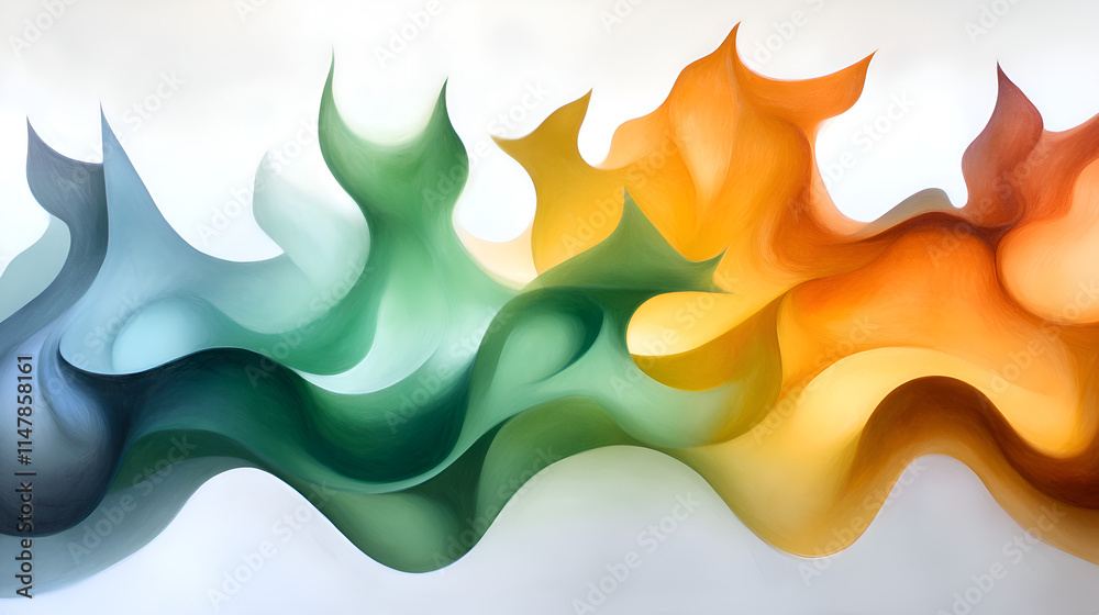 Poster an abstract wave of colorful swirls in shades of green, orange, and blue, creating a dynamic and flu