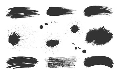 Black brush strokes, ink irregular shape splatters. Wide smears, splashes, dynamic blots, scattered dots, rough edges, messy streaks uneven marks textured surfaces with abstract forms jagged outlines