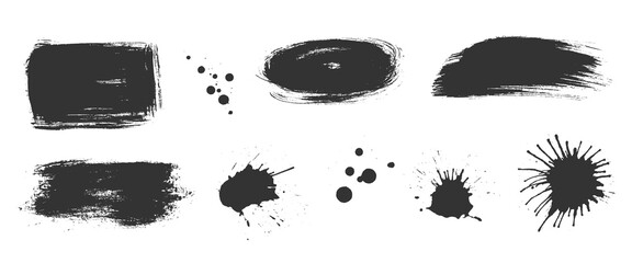 Black brush strokes set. Ink splatters various shapes, including rectangles, ovals, circles, scattered droplets. Rough edges, textured smears, dynamic lines, bold blots, uneven raw splashes forms