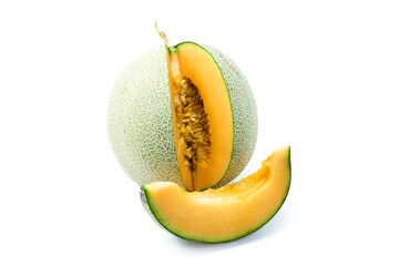 Japanese melons,honey melon or cantaloupe (Cucumis melo)  isolated on white background closed up stack