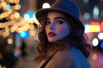 A beautiful woman wearing winter and a hat walks through the city, with Christmas lights in the background