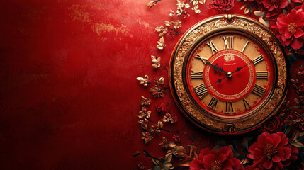 New Year Celebration in China Photorealistic Clock Decor in Red and Gold Festive Atmosphere Cultural Heritage