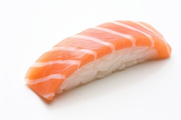 A piece of sushi in cross section with salmon and rice.