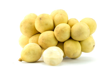 A bunch of fresh Long Gong fruit (Lansium parasiticum) and separated out with peel and peel off isolated on a white background close up stack