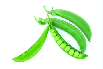 Group of fresh green pea (sweet pea) pod and beans isolated on white background top view flat lay stack