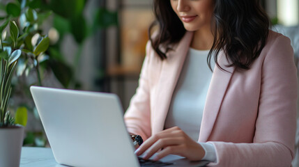 Woman in a stylish blazer typing emails on her laptop, modern and organized workstation, close up