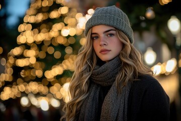 Beautiful young woman in winter , hat, and scarf walking through the city at Christmas time