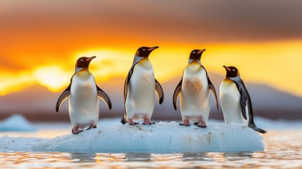 Fototapeta premium The mesmerizing scene captures a group of penguins gracefully waddling on a pristine iceberg bathed in the warm hues of the setting sun